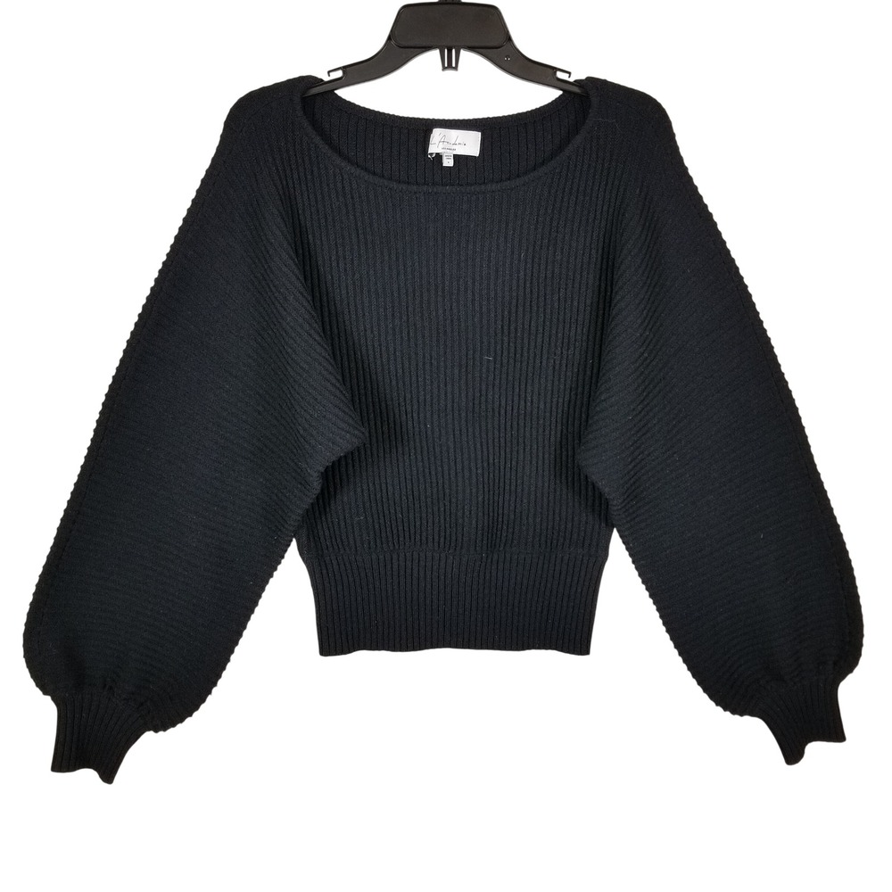 L'Academie Black Ribbed‎ Balloon Sleeve Scoop Neck Sweater Small RN132829
